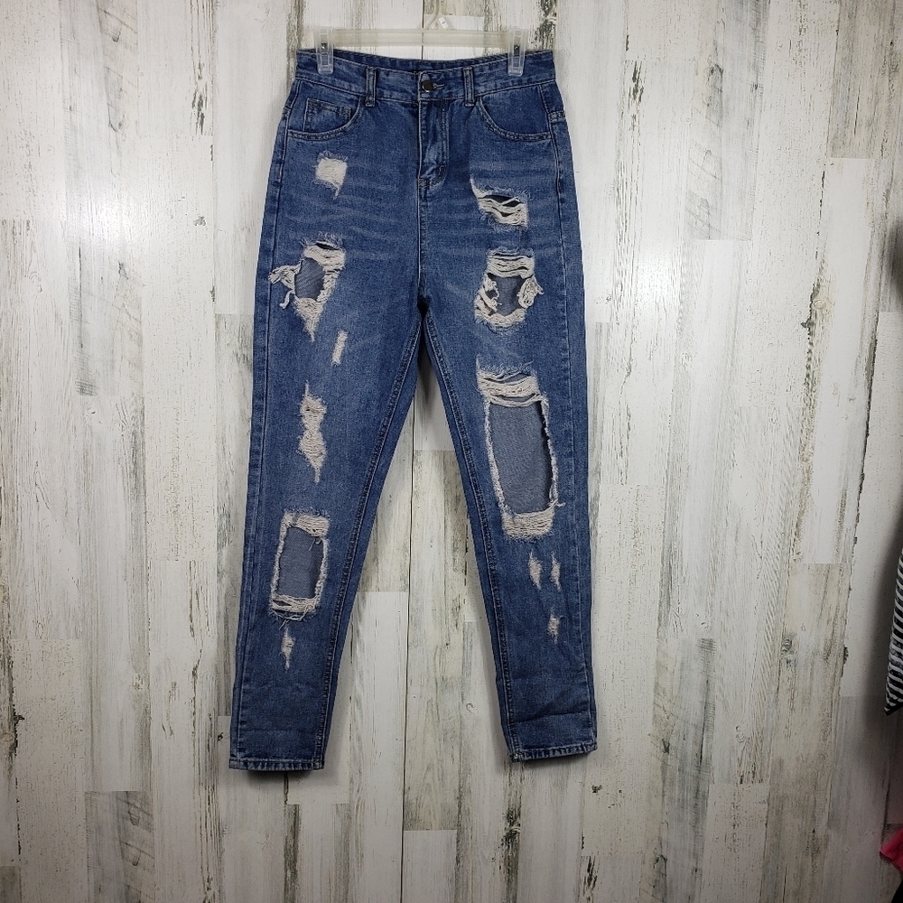 Fashion nova acid wash highly distressed ripped high rise jeans juniors Large 19